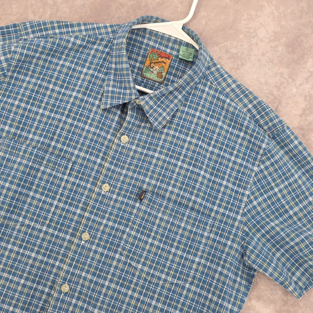 Vintage Pineapple Connection Plaid Button Down Shirt Mens XL Blue Short Sleeve